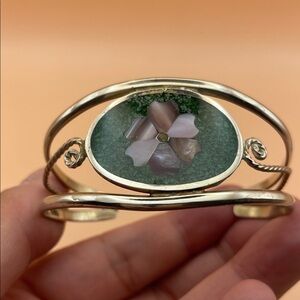 Silver and Green Mother of Pearl Floral Inlay Mexico Alpaca Cuff Bracelet M15